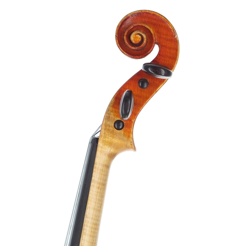 2444 - Violin stamped AM on the button, the one piece back of broad curl with similar wood to the sides, th... 