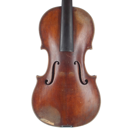 2457 - Interesting 19th century violin, unlabelled, the one piece back of a plainish wood with similar wood... 