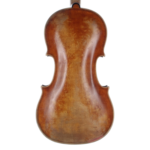 2457 - Interesting 19th century violin, unlabelled, the one piece back of a plainish wood with similar wood... 