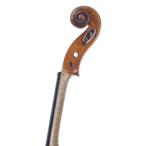 2457 - Interesting 19th century violin, unlabelled, the one piece back of a plainish wood with similar wood... 