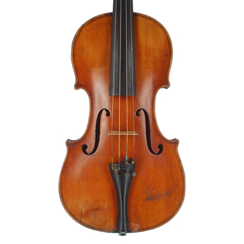 2464 - Good and interesting early 19th century violin bearing an indecipherable label, the two piece back o... 