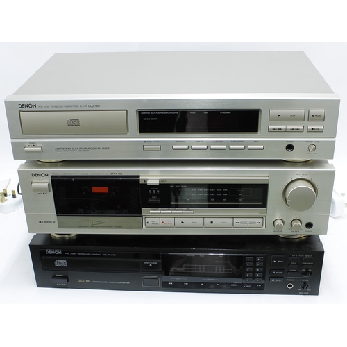 1261 - Three Denon hifi units to include a DCD-1500 compact disc player, a DRM-400 stereo cassette tape dec... 