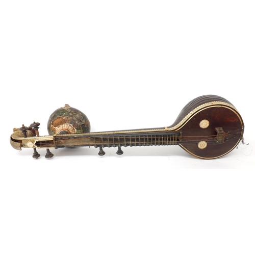 1572 - Old veena / sitar with decorative painted floral bone banding, fluted bowl back and gilded dragon's ... 