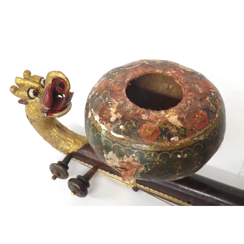 1572 - Old veena / sitar with decorative painted floral bone banding, fluted bowl back and gilded dragon's ... 