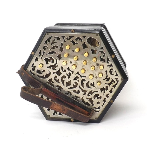 1585 - Lachanel three row anglo concertina with thirty-one bone buttons on foliate pierced metal ends, six-... 