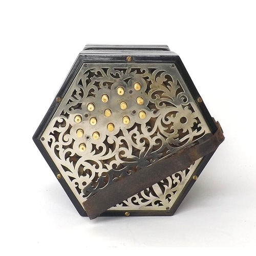 1585 - Lachanel three row anglo concertina with thirty-one bone buttons on foliate pierced metal ends, six-... 