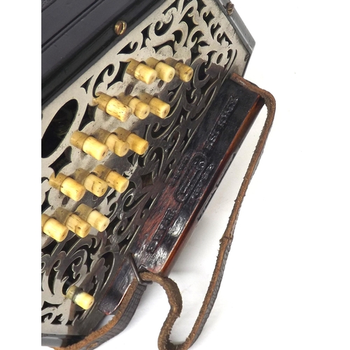 1585 - Lachanel three row anglo concertina with thirty-one bone buttons on foliate pierced metal ends, six-... 