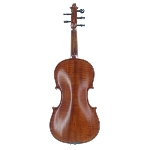 2039 - German violin circa 1910, the fingerboard decoratively inlaid with mother of pearl flowering foliage... 