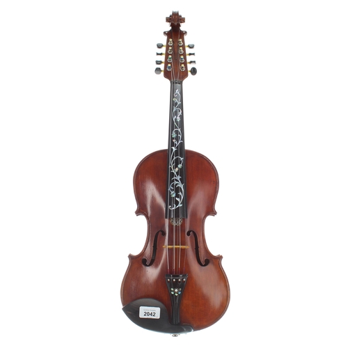 2042 - Interesting and unusual eight string violin, with four strings above the fingerboard and four sympat... 