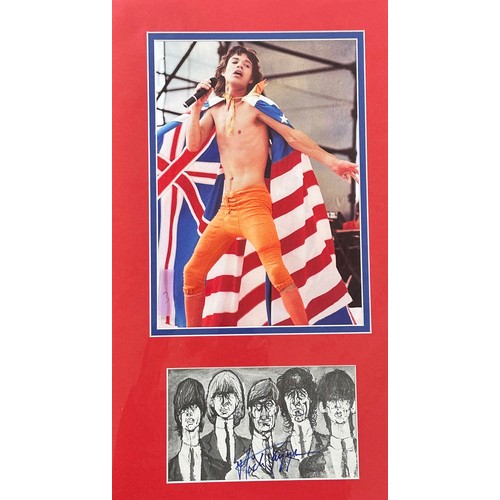 705 - Mick Jagger - autographed display, signed in blue pen to a black and white caricature image of the R... 