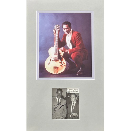 706 - Chuck Berry - autographed display, signed in black pen to a black and white cutting, mounted beneath... 