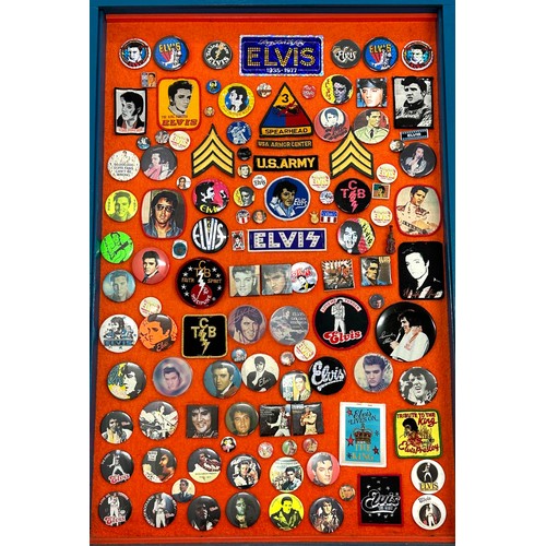 715 - Elvis Presley - Framed and glazed montage of vintage Elvis badges, 48