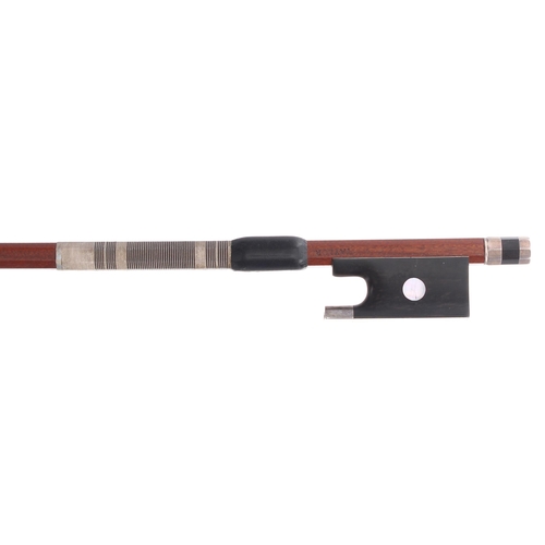 2227 - Good English silver mounted violin bow by and stamped Taylor, the stick round, the ebony frog inlaid... 