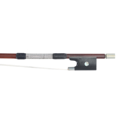 2228 - Nickel mounted violin bow stamped C. Thomassin á Paris, the stick round, the ebony frog inlai... 