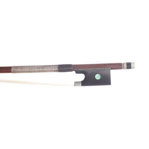 2237 - French silver mounted violin bow stamped Louis Bazin, the stick round, the ebony frog inlaid with pe... 