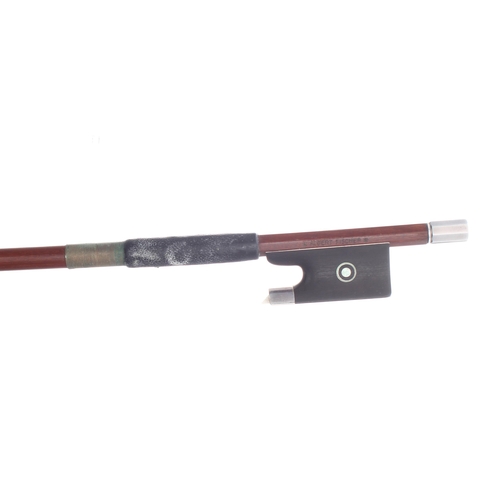 2238 - German silver mounted violin bow by and stamped *Albert Fischer*, the stick round, the ebony frog in... 