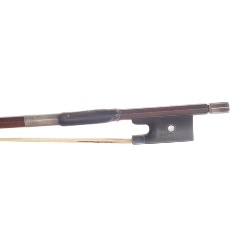 2239 - German silver mounted violin bow by and stamped *Geipel*, the stick octagonal, the ebony frog inlaid... 