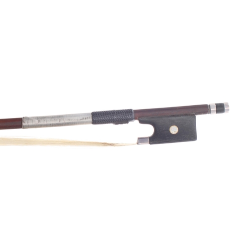 2240 - German silver mounted violin bow, faintly stamped, the stick round, the ebony frog inlaid with pearl... 