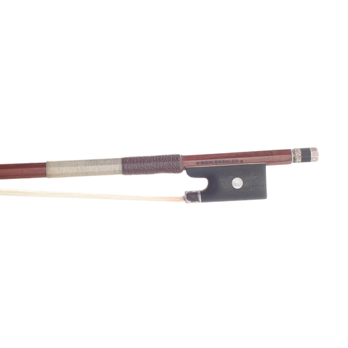 2241 - Good German silver mounted violin bow by and stamped Rich. Bassler, the stick octagonal, the ebony f... 