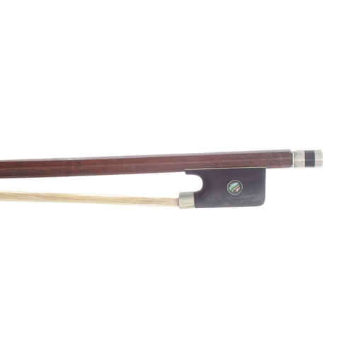 2244 - German nickel mounted violin bow stamped Nach L. Bausch, 55gm (without lapping)