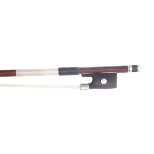 2245 - French nickel mounted violin bow (copy of Pecatte), unstamped, the stick round, the ebony frog inlai... 