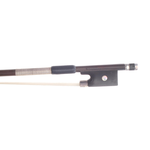 2247 - Silver mounted violin bow stamped Flaurus, the stick round, the ebony frog inlaid with pearl eyes an... 