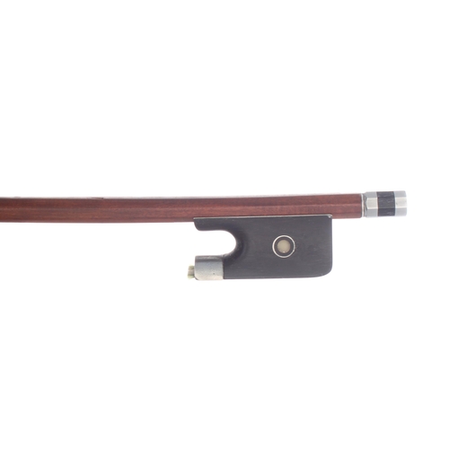 2249 - Nickel mounted violoncello bow stamped Emile Ouchard, the ebony frog inlaid with nickel rings enclos... 