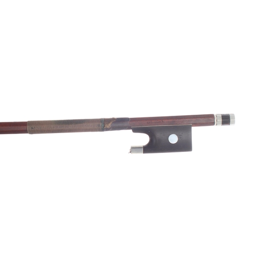 2251 - Nickel mounted violin bow stamped L. Morizot, the stick round, the ebony frog inlaid with pearl eyes... 