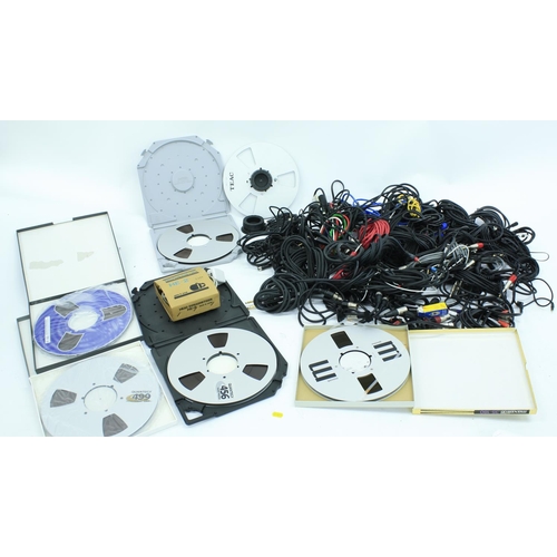 1208 - Four New/Old Stock quarter inch reel to reel tapes, a used quarter inch reel to reel tape, a Teac re... 