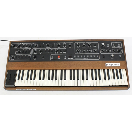 1351 - Sequential Circuits Prophet 5 Model 1000 synthesizer keyboard, ser. no. 3708, within a Gator flight ... 