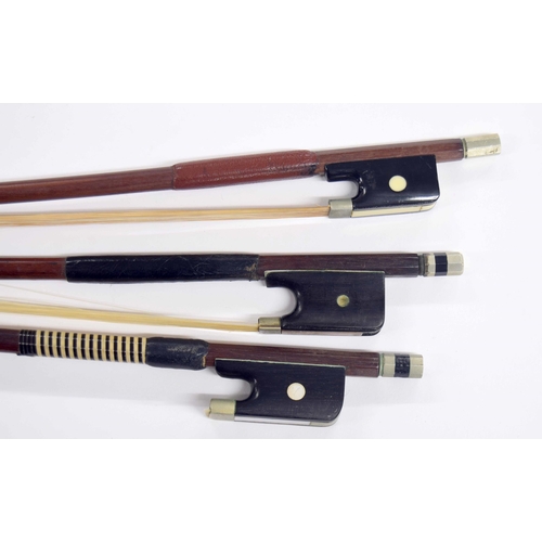 2219 - Three nickel mounted violoncello bows, unstamped (3)