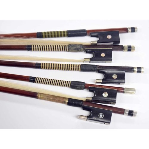 2220 - Five good nickel mounted violin bows, one head broken off (5)