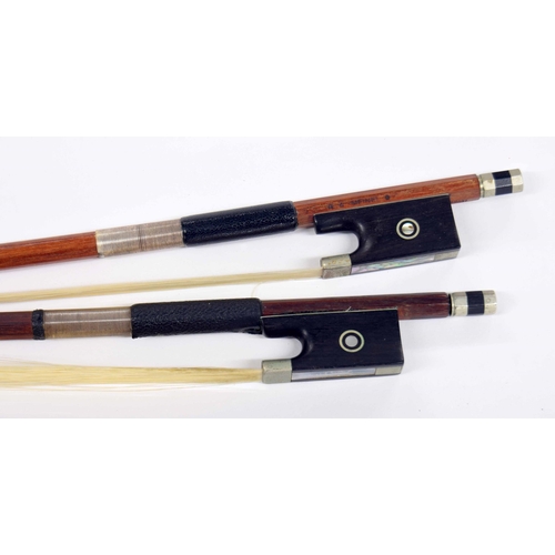 2220A - German nickel mounted violin bow stamped R.A. Meinel*; also another nickel mounted violin bow, indis... 