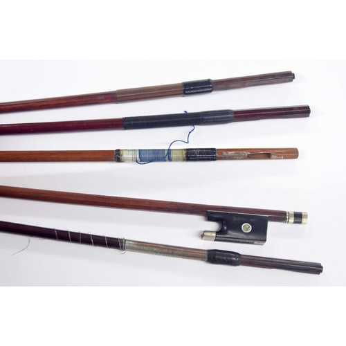 2221 - Old nickel mounted violin bow, unstamped; also four interesting old bow sticks, all unstamped (5)-* ... 