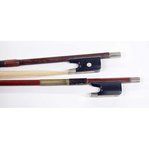 2222 - Old silver mounted violin bow, unstamped; also a nickel mounted violin bow, unstamped (2)... 