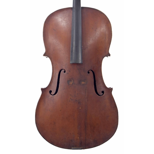 2509 - Interesting late 18th century violoncello in need of restoration, possibly Dutch, unlabelled, the tw... 