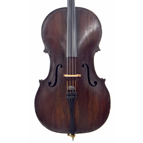 2513 - Interesting 18th century violoncello, unlabelled, the two piece back of faint medium curl with plain... 