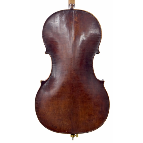 2513 - Interesting 18th century violoncello, unlabelled, the two piece back of faint medium curl with plain... 