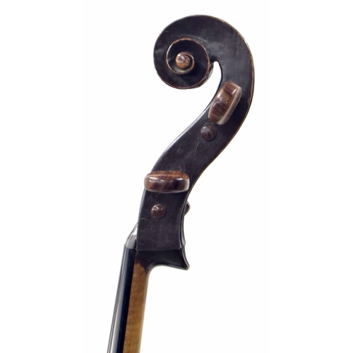 2513 - Interesting 18th century violoncello, unlabelled, the two piece back of faint medium curl with plain... 