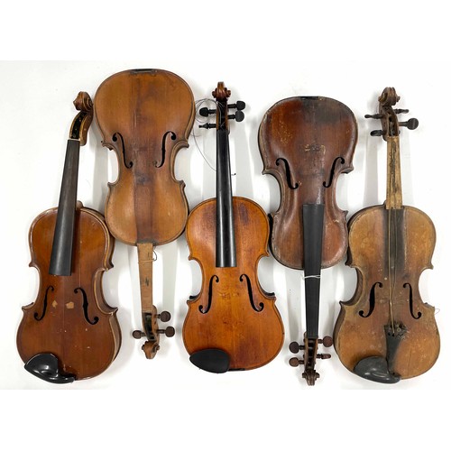 2084 - Five various old full size violins in need of restoration (5)