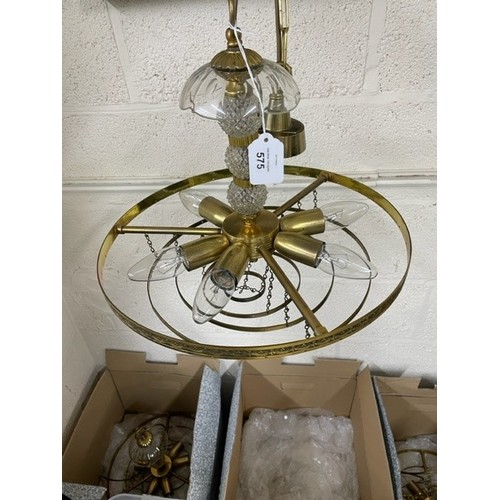 575 - Three good decorative brass five ring crystal bead chandelier, each with six electric light fittings... 