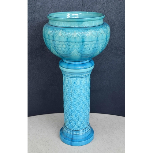 14 - Large Burmantofts Faience pottery jardinière, in a turquoise glaze with stylised petal decoration, s... 