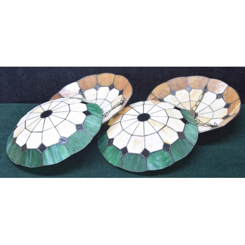 15 - Two pairs of decorative Tiffany style glass ceiling light shades, two brown and two green, 14.5