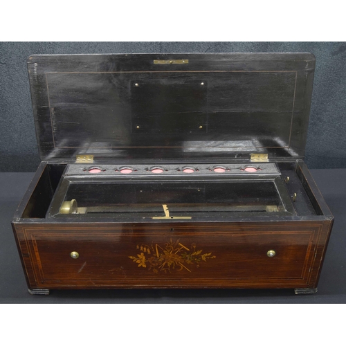 2001 - 19th century rosewood and ebony banded music box case (without movement), inlaid to the lid and fron... 