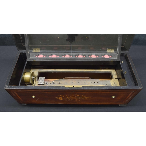 2001 - 19th century rosewood and ebony banded music box case (without movement), inlaid to the lid and fron... 