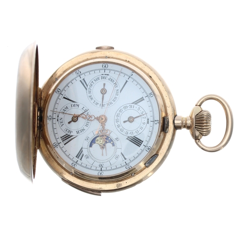 270 - Fine Swiss 14ct quarter repeating chronograph calendar pocket watch with moon phase, lever set movem... 