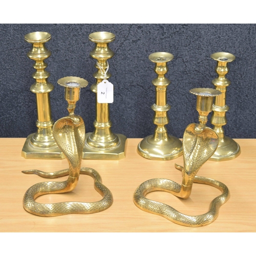 2 - Two pairs of Victorian brass candlesticks, tallest 10