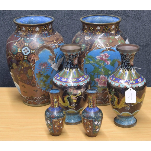 3 - Pair of Japanese cloisonné vases, decorated with birds and other wildlife, 12.5