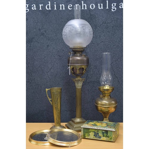 45 - Brass Corinthian column oil lamp with engraved globe shade, marked Brevete L & B 1883, 31.5