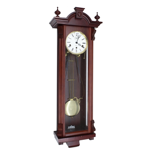 2606 - Contemporary mahogany Kieninger three train Vienna style wall clock, the 6.25